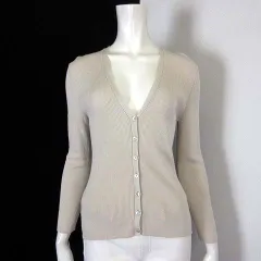 ミッシェルクラン MICHEL KLEIN カーディガン リブ ニット Vネック 長袖 M 38 ライトベージュ