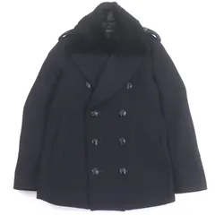 美品□BURBERRY BLACK LABEL バーバリーブラックレーベル 襟ラビットファー ダブルブレスト エンブレムボタン ピーコート ネイビー M 正規品 メンズ