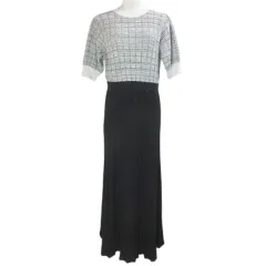 ナチュラルビューティーベーシック NATURAL BEAUTY BASIC 23SS ツイードニットワンピース 017-3247840 ロング 5分袖 ラメ M ブラック ホワイト /X