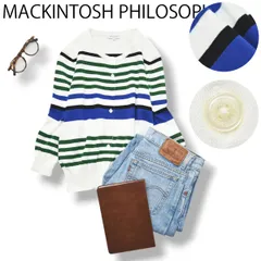 【上質】 マッキントッシュフィロソフィー MACKINTOSH PHILOSOPHY 七分袖 綿 ニット カーディガン 38 ボーダー柄 トラッド オフィス カジュアルレディース ♪