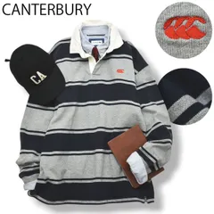 【定番】 カンタベリー CANTERBURY 長袖 ラガーシャツ トレーナー ロゴ刺繍  ボーダー柄 グレー 灰 x ネイビー 紺 トラッド スポーツミックス アメカジ メンズのサムネイル