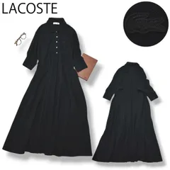 【人気】 ラコステ LACOSTE 七分袖 ドルマンスリーブ 鹿の子 ポロシャツ Aライン マキシ丈  ワンピース ドレス 38 ブラック 無地 トラッド スポーティー レディース ♪