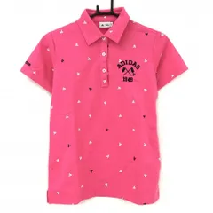 【美品】アディダス 半袖ポロシャツ ピンク×白 英字総柄 ロゴ刺しゅう  レディース M/M ゴルフウェア adidas