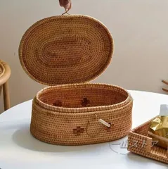 収納バスケット 収納ボックス オーバル 楕円形 籐 ラタン 茶道具入れ お茶菓子 ファイルボックス メイクボックス 化粧品収納 裁縫箱 ソーイ