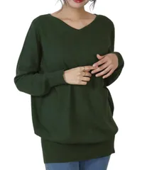 [Four leaf] 薄手 Vネック ニット レディース セーター 長袖 コットン 綿 100 トップス 体型カバー ゆったり 無地 カジュアル きれいめ 上品 秋冬 春 洗える デイリー オフィス (JP, アルファベット, M, グ [グリーン] [M]