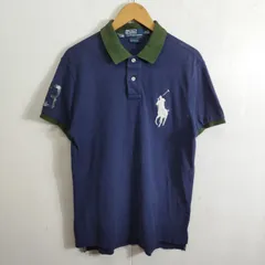 90s Polo by RALPH LAUREN ラルフローレン ポロシャツ ビッグポニー 刺繍 半袖 古着 鹿の子 L ネイビー グリーン系 C507
