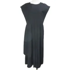 エボニーアイボリー Ebonyivory 19SS T/WToropicalコラージュプリーツワンピース ロング フレンチスリーブ ウール混 フリーサイズ 黒 ブラック /X