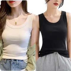 [CALM.st] タンクトップ キャミソール レディース リブ ブラ紐隠し インナー 伸縮性 細身 Uネック 春 夏 秋 冬 フィット 綺麗め きれい キレイ 吸湿 上品 無地 むじ 肌触り シンプル 高見え おし [ブラック/ホワイト(2set)] [L]