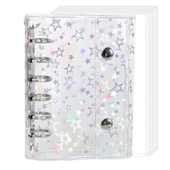 シール帳 透明 女の子 A7 透明バインダー クリアバインダー シール帳 6穴 10枚リフィル付き はがせる かわいい おしゃれ 防水耐汚れ素材（ホログラム星柄入り）