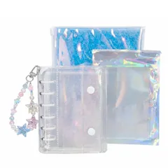 シール帳 a7｜オリジナル 透明マットシール専用台紙 a7 10枚＋リフィル 10枚｜シール帳 透明 シールバインダー 6穴 ラメクリア×選べるOリング4色×星チャーム付 シール帳 女の子（推し活・手帳・文房具・学用品） (スノーホワイト)