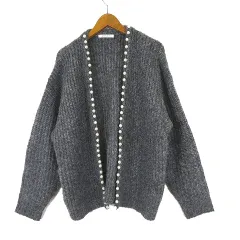 ロージー ROSIEE パール ニット カーディガン ボタンレス 羽織り オーバーサイズ 長袖 F グレー