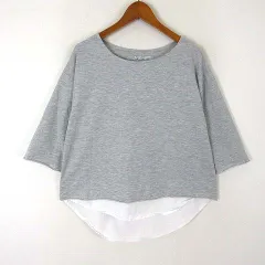 Mkurakuen カットソー プルオーバー シャツ レイヤード カットオフ ロール ラウンドヘム 落ち感 とろみ 7分袖 L グレー オフ白