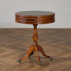 英国アンティーク木製ドラムテーブル/サイドテーブル/飾り棚/レザー机