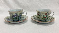 〇未使用 有田焼 清秀 カップ＆ソーサー ペア コーヒーカップ 2客 花柄 あやめ