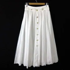 スカート ギャザー フレア シアー シフォン チュール レイヤード ボタン装飾 レース装飾 ロング マキシ ストレッチ M 白 ホワイト ゴールド 美品