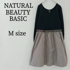 NATURAL BEAUTY BASIC ナチュラルビューティーベーシック ワンピース クルーネック 長袖 ハイウエスト ウエストマーク Aライン 膝丈 体型カバー きれいめ M