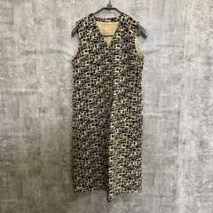 【U-175】幾何学柄ロングワンピース ベージュ ブラック レディースM相当 ノースリーブワンピース 総柄ワンピース Vネックワンピース レトロワンピース 春夏ワンピース