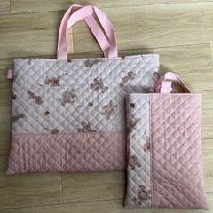 くま柄 キルティング レッスンバッグ＆シューズケース 2点セット くすみピンク 女の子 入園入学