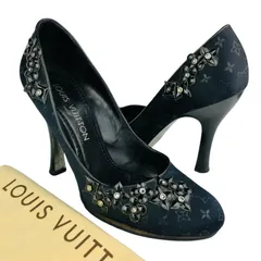 LOUIS VUITTON★ルイヴィトン・レディース サテン:レザー モノグラム総柄 スター:フラワー:クリスタルビジュー付き 太ヒール パンプス (37.5/24.5㎝相当) イタリア製 レディースシューズ 春夏靴 カジュアル ブラック ビジネス