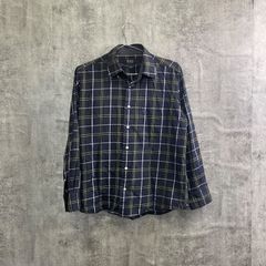 【k-283】ポロ風 チェックシャツ ブラック イエロー メンズL相当 長袖シャツ ボタンダウンシャツ ワンポイント刺繍 カジュアルシャツ 古着風 チェック柄シャツ