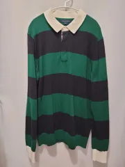トミーヒルフィガー グリーン ブラック ストライプ ラグビーシャツ