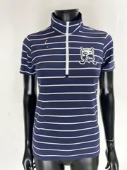 【USED】FILA フィラ ポリエステル ハーフジップ 半袖 シャツ ロゴ刺繍 ボーダー ネイビー 紺 レディース M ゴルフウェア