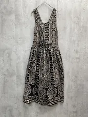 新品 CORROSE コロース インド綿 ゆったりサイズ リボン付き エスニック柄 キャミソール ワンピース インド製 sizeM-L/黒×ベージュ ■◆ レディース