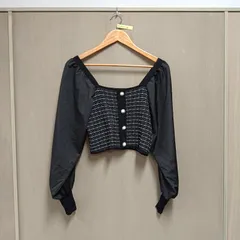 グレイル GRL 異素材ツイード編みパールボタンニットトップス 【L】