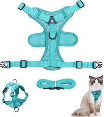 NASSIA 猫 散歩用 ハーネス 夜反射 リード 軽量 調節 通気メッシュ 首輪 猫犬兼用 お散歩 (ライトブルー,  S)