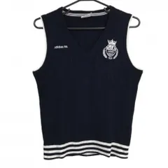 【超美品】アディダス ニットベスト ネイビー×白 ケーブル編み Vネック 綿100％ ロゴ刺しゅう レディース L/G(L) ゴルフウェア adidas