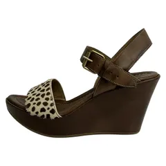FABIO RUSCONI(ファビオルスコーニ) サンダル 36 レディース美品  - ダークブラウン×ベージュ 豹柄/ウェッジソール レザー