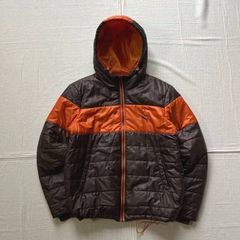 00s　archive　アーカイブ　PUMA　プーマ　フルジップアップ　光沢感　中綿ジャケット　忍者型フード　ピューマロゴ刺繍　裾・首元ドローコード　ドロスト　L　ブラウン×オレンジ　平成ギャル　グランジ　Y2K　bicolor puffer jacket