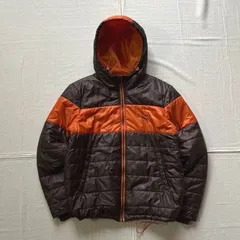00s　archive　アーカイブ　PUMA　プーマ　フルジップアップ　光沢感　中綿ジャケット　忍者型フード　ピューマロゴ刺繍　裾・首元ドローコード　ドロスト　L　ブラウン×オレンジ　平成ギャル　グランジ　Y2K　bicolor puffer jacket