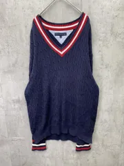 TOMMY HILFIGER トミーヒルフィガー ケーブル編み Vネック ニット セーター sizeL/G/ネイビー ◆■メンズ