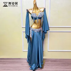 新品 未使用 手作りシリーズ ベリーダンス衣装 レディース オリエンタルダンス衣装 社交ダンス衣装 ダンスコスチューム ステージ衣装 舞台衣装 発表会 ショー パフォーマンス ダンスウェア ロングスカート セットアップ ブルー WZY239