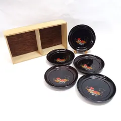 会津塗 ◆【漆器】会津塗/黒花筏 椿皿揃（5枚組） AT-91-4 雑貨 アンティーク 工芸品 ギフト【未使用】 