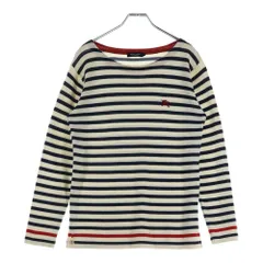 BURBERRY BLACK LABEL (バーバリー ブラックレーベル) ウール ボーダー ロゴ刺繍 ニット セーター ホワイト/ネイビー D1N08-807-02