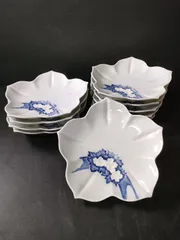 F12-02/小川 銘/青磁染付花文 輪花皿10客/骨董/向付/小鉢/飾皿/小皿/銘々皿/懐石道具/懐石料理