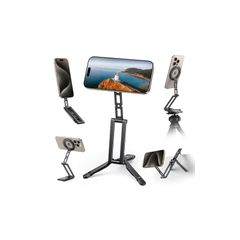 [With Hook] Magsafe Compatible Smartphone Tripod Stand Desktop Lamicall: Foldable Mini Selfie Holder, Aluminum, Magnetic, Multifunctional, 360 Degree Rotation, iPhone Compatible, Vertical/Horizontal, Desk Mount, Portable, Lightweight, Compact, Travel 1
