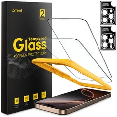 iPhone 16 Pro ガラスフィルム + カメラフィルム 【2枚セット】 : 米国SGガラス Lamicall 9H硬度 アイフォン16 プロ 保護フイルム カメラ保護 レンズカバー 黒縁あり 全面保護 画面フィルム 強化ガラス 液晶 保護シート ス 0