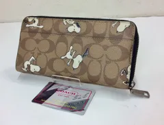 【美品】COACH コーチ C4327 ラウンドファスナー 長財布 スヌーピー シグネチャー ウォレット ブラウン系   K0313