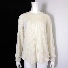 ユニクロ UNIQLO ワッフル クルーネック Ｔ Tシャツ カットソー ラウンドヘム コットン 長袖 M アイボリー