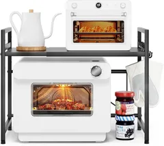 レンジ上ラック トースターラック レンジラック 伸縮式 幅(36~65cm) 棚板高さ調節可 耐荷重50kg シンク上キッチン収納ラック フック4個付き (ブラック)のサムネイル
