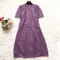 美品　レリアン　leilian　13号　大きいサイズ　レイヤード　メッシュ　ロング　ワンピース　半袖　マルチカラー　フリル　スタンドカラー　ストライプ　パープル系　ポリエステル