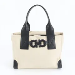 サルヴァトーレフェラガモ ダブル ガンチーニ レザー トート バッグ 肩掛け ショルダー ハンド ベージュ 黒 レディース EEE DQ64-7【中古】