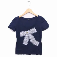 フラジール FRAGILE Tシャツ カットソー  丸首 リボン柄 レース 半袖 38 ネイビー 紺 /TT5のサムネイル