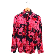 アニエスベー agnes b. フラワープリント ステンカラー シャツ ブラウス コットン 綿 ラウンドヘム 長袖 36 黒 ブラック ピンク /NT16