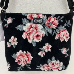 602　FEILER　フェイラー　タグ付き　ショルダーバッグ　トートバッグ　長さ調整可　ブラック　黒　花柄　ローズ　バラ　薔薇　フラワー　レディース　シンプル　きれいめ　上品　シュニール織り