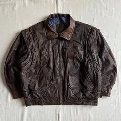 euro archive　ユーロ古着　リアルブラウンレザー　本革　革ジャン　A-2　スイングトップ型　襟付きフライトジャケット　ギミック　取り外し可能袖　ミリタリー　複数ポケット　アクションプリーツ　裾ゴム　一点物　XL　Y2K　leather jacket