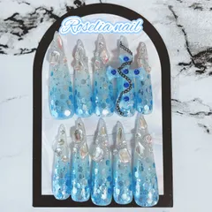 【現品NO.12】アイスブルー  ジュエル  水色  青  十字架  クロム   ギラギラ  ホロ  埋めつくし  ストーン  ギャル  派手  個性派  ストーン  夏  スーパーロングネイルチップ